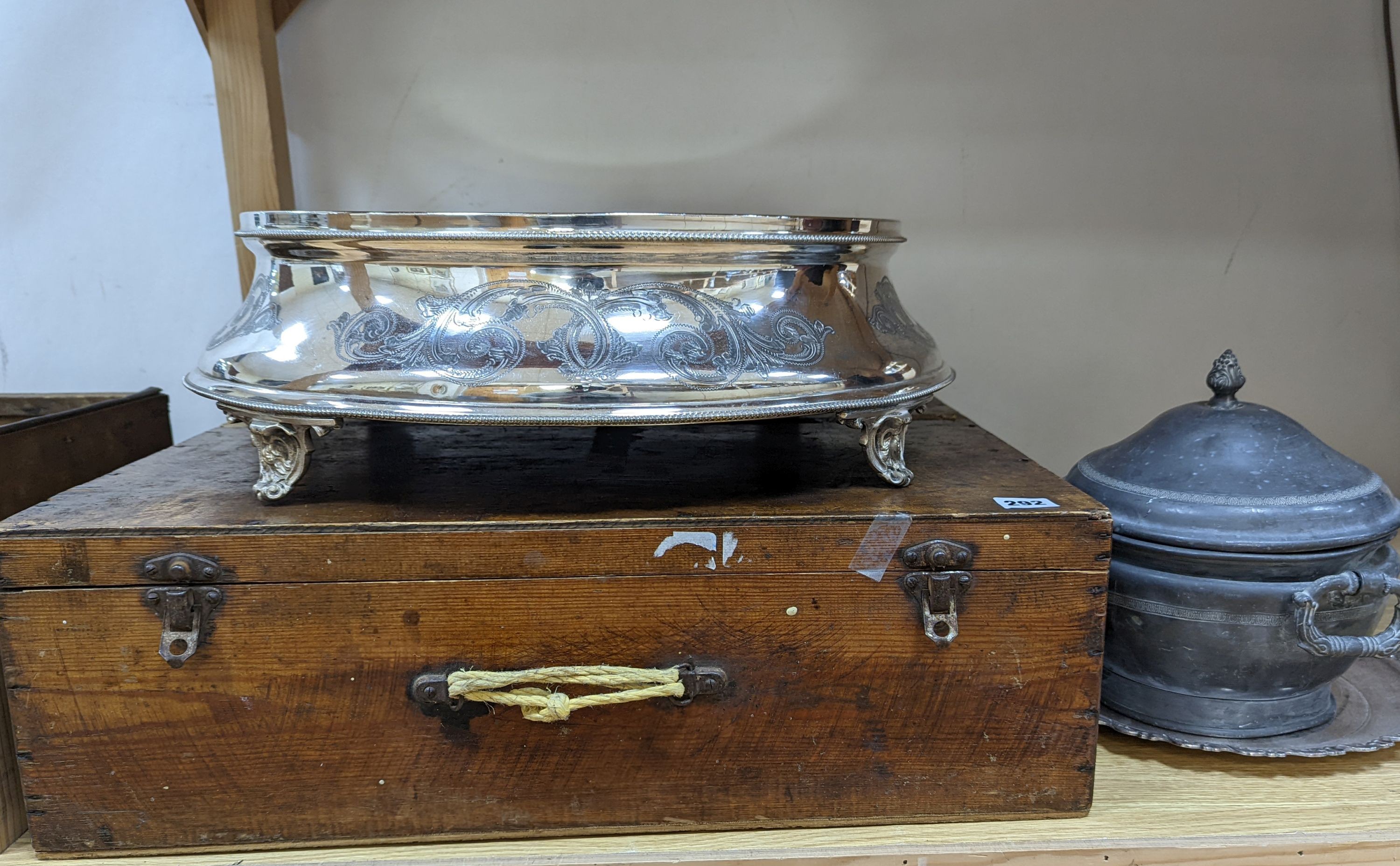 A large Victorian plated cake stand and dish with a pewter box and cover, cake stand top 43 cms.